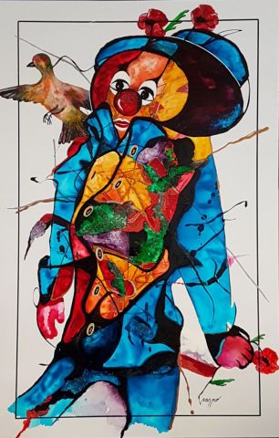 l'enfant clown et l'oiseau